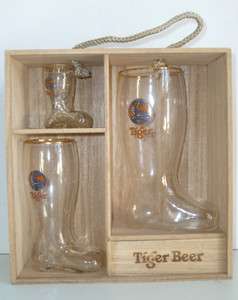 RARE  Tiger beer 3 different sizes boot glass set with woodern 