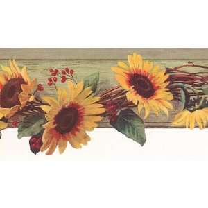   Sunflowers & Berries on Sage Faux Wood Background