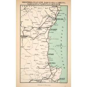 1895 Lithograph Map Mediterranean Line Barcelona Gerona Valencia Spain 