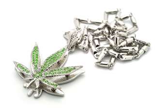 SMALL ICED OUT 3D MARIJUANA POT LEAF PENDANT + 24 INCH BOX CHAIN 