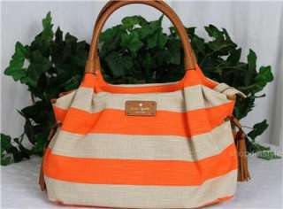 KATE SPADE JUBILEE STRIPE CORAL NATURAL CANVAS LEATHER STEVIE BAG TOTE 
