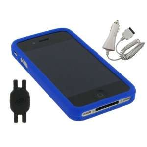 Dark Blue Silicone Skin Case + Car Charger for Apple iPhone 4 4th 