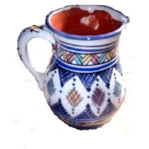 Moroccan Handmade White and Blue Crosshatch Medium Ceramic Pitcher,by 