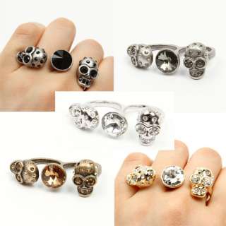 Big Swarovski Crystal Two Skull Two Finger Double Ring Size 6 7 8 
