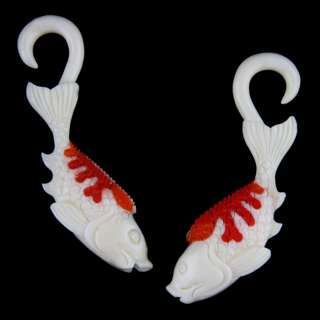Pair KOI FISH Carved Bone Ear Plugs Gauges (PICK SIZE)  