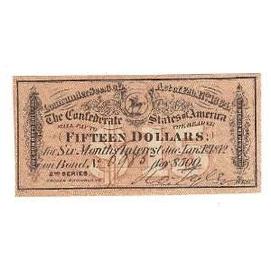  $15 Confederate Bond Interest Coupon 