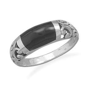  Black Onyx Rectangle Ring Size 7 with Scroll Design Side 