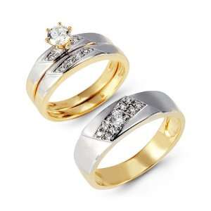    Yellow White 14k Gold Round CZ Stone Wedding Ring Set: Jewelry