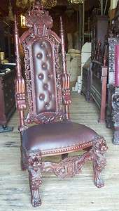   Carved Mahogany Brown Leatherette King Lion Throne Chair Without Arms