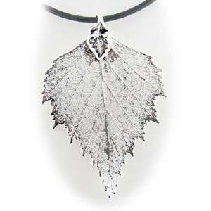  Silver Plated Birch Real Leaf Rubber Cord Necklace 24 Inch 