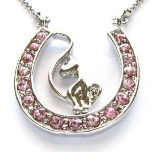  Phat Cat Pink Crystal Horseshoe Necklace Pendant 
