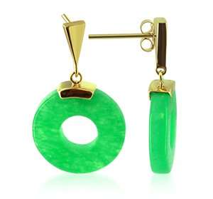   KT Yellow Gold Donut Green Jade 14k Post back Drop Earrings Jewelry