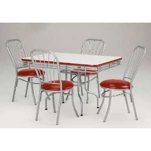 5pc Dining Table and Chairs Set with Red Vinyl in Chrome Finish 