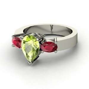  Paige Ring, Pear Peridot 14K White Gold Ring with Ruby 
