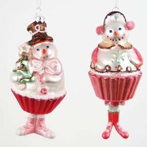 SNOWMAN CUPCAKES Christmas Ornaments Set of 2 NEW with Glitter Accents