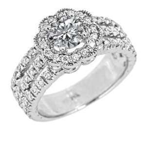 Pave Set Round Diamond Flower Engagement Ring Millgrain Edged Vintage 