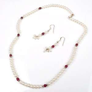 Natural Trendy Fresh Water Pearl & Ruby Beaded Single Strand Necklace 