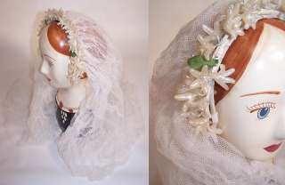 Vintage 1940s Orange Blossom Wax Flower Bridal Wedding Net Veil Crown 
