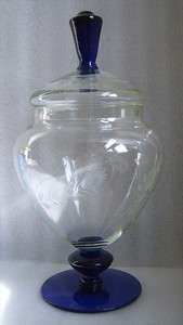 VINTAGE ROSE AND BEARDED BUD ENGRAVED GLASS CANDY JAR w LID COBALT 
