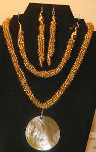 abalone pendant, gold glass kumihimo necklace set #000  