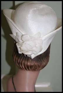   HAT ~ White Straw Tricorne Fabric Rose Attached ~ Sz 20.5  