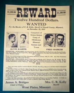 Alvin Karpus Fred Barker Reprint Wanted Poster Gangster  