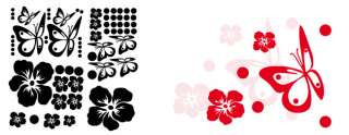 Schmetterlinge   Hibiskus Blumen Auto Tattoo Set  XXL 66 Teile  