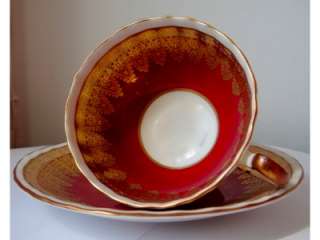 Aynsley Maroon Queen Anne Gold Lace Cup and Saucer  