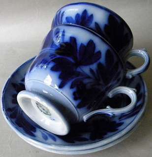 PAIR Brush Stroke FLOW BLUE Antique CUP & SAUCER Sarreguemines  