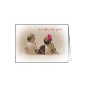 Baby Shower Invitation for Sarah, little boy and girl with pink flower 