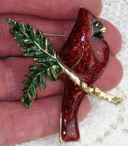 VINTAGE STYLE CHRISTMAS RED SPARKLE CARDINAL BIRD BROOCH PIN  