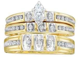   diamond 3 ring 10K gold engagement bridal wedding band set groom bride