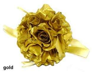 GOLD ROSE BALLS Pew Bow Wedding Silk Flower Girl Kissing Ball 50th 