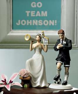FAN CHEERING BRIDE & SOCCER GROOM WEDDING CAKE TOPPER  