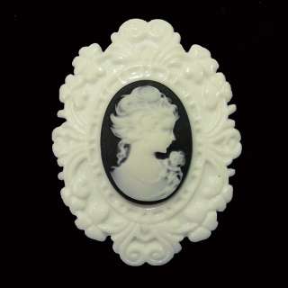   WHITE FLORAL FRAME BLACK VICTORIAN LADY PORTRAIT CAMEO RING  