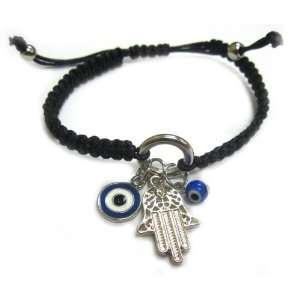 Black Cord Bracelet with Circle Hoop and Hamsa/Hand of Fatima Charms 