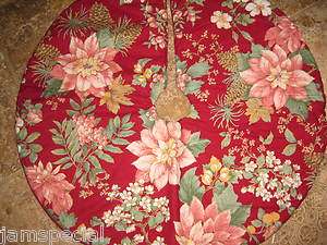 Christmas Tree Skirt 27 Burgundy with Pink poinsettia Green Leaves 