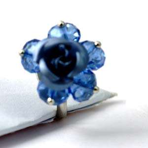 d8144 Cluster Wedding Flower Blue Crystal Beads Adjustable Ring 