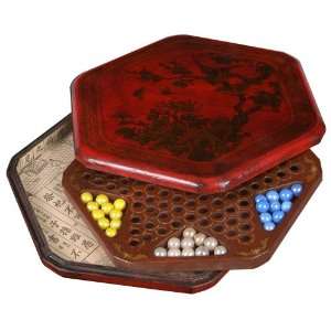   Antiqued Leather Chinese Checkers Set With Hand painted Carrying Case