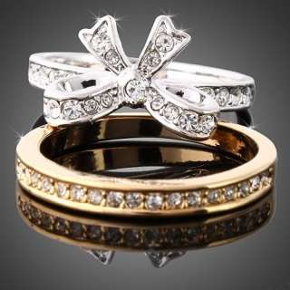 Cute Bowknot Crystal Y/W Gold GP Fashion Cocktail Ring  