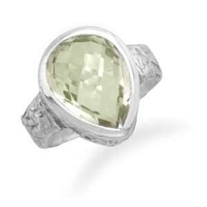 Green Amethyst Textured Band Checkerboard Cut Sterling Silver Ring, 6