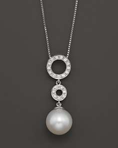 Cultured Freshwater Pearl and Diamond Pendant Necklace in 14K White 