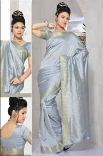 Gray Art Silk Saree Sari fabric India Golden Border  