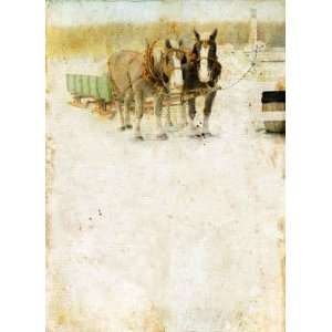 Horse Drawn Sleigh on a Grunge Background.   Peel and Stick Wall Decal 