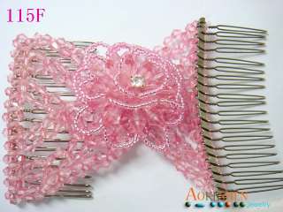 1X Stretchy PINK BICONE Beaded Hair Comb/Clips J115F  