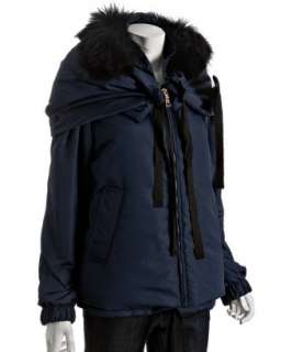 Prada dark blue silk blend fur trim drawstring pillow collar jacket 