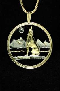 Wolf W/Mountains Cut Coin Pendant Necklace 1 diameter  