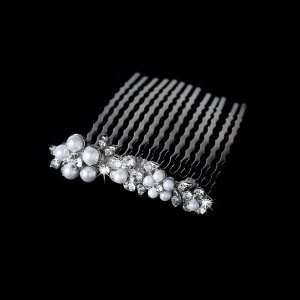  Lovely Silver Floral Hair Comb Clear Rhinestones & White 