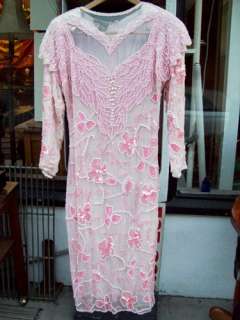 DRESS Pink SEQUIN Feather BEADED Pearl VINTAGE SILK FULL Evening GOWN 
