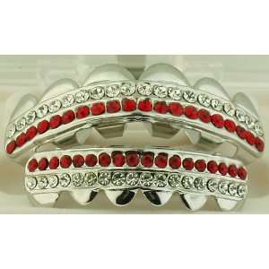  GRILLZ Red CZ HIP HOP Silver Tone Top and Bottom Mouth 